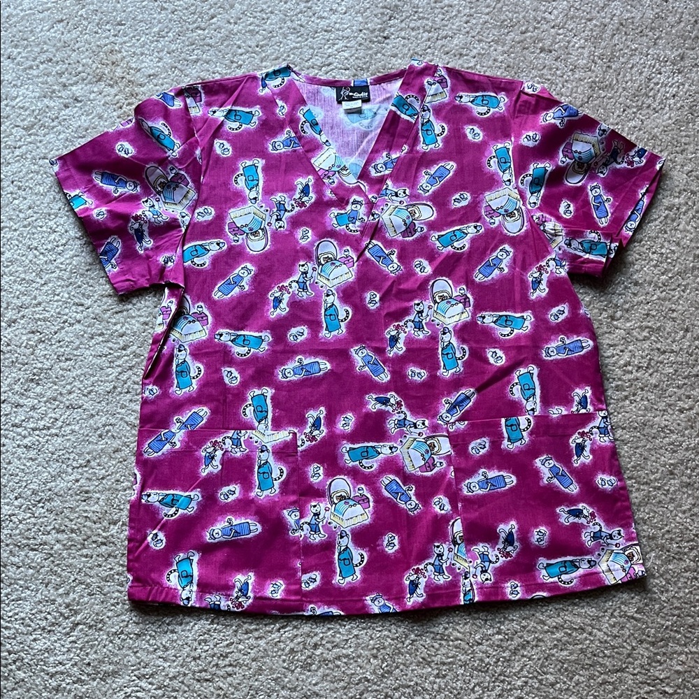 Pink Cat Print Scrub Top Nurse Vet Tech Dental Uniform Size M